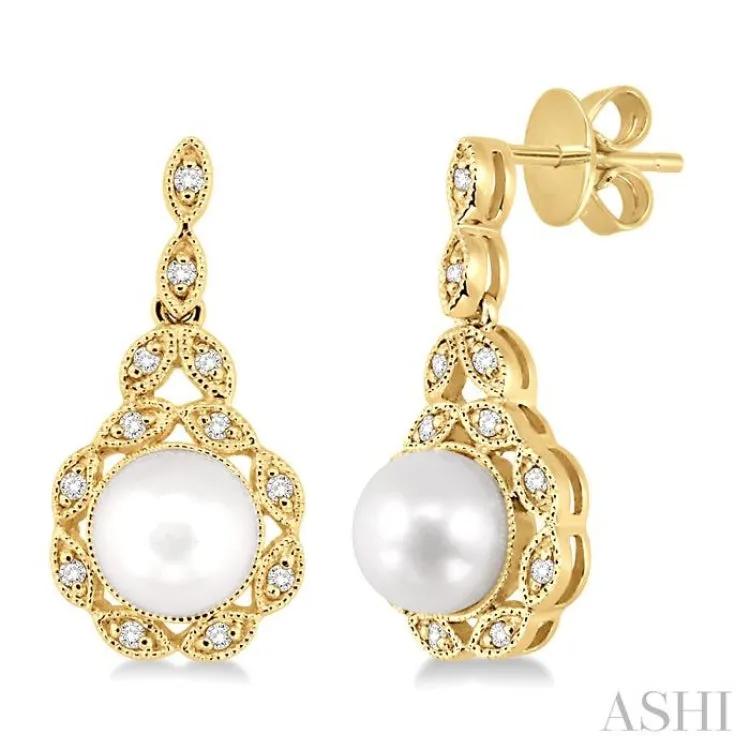 1/8 ctw Cutwork Marquise Halo 6X6  MM Cultured Pearl and Round Cut Diamond Fashion Earring in 14K Yellow Gold