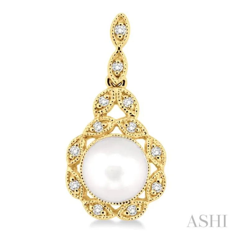 1/8 ctw Cutwork Marquise Halo 6X6  MM Cultured Pearl and Round Cut Diamond Fashion Earring in 14K Yellow Gold