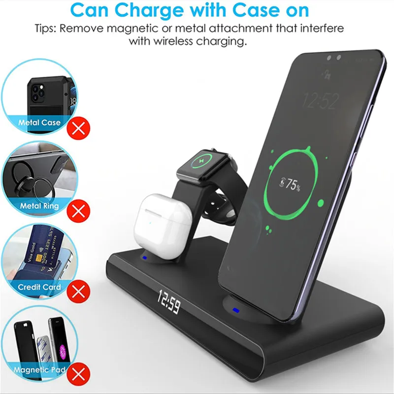 3-in-1 Fast Wireless Charger Stand Alarm Clock for Samsung Huawei IPhone