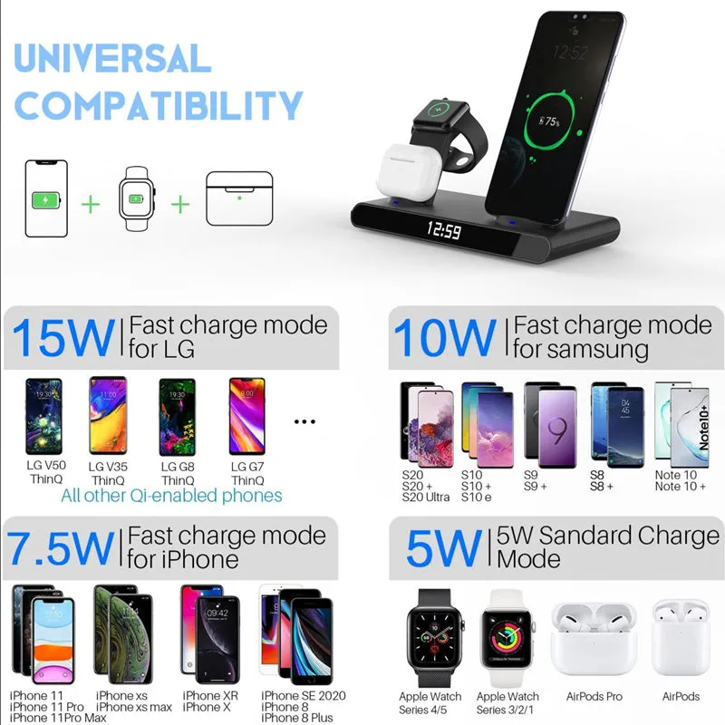 3-in-1 Fast Wireless Charger Stand Alarm Clock for Samsung Huawei IPhone