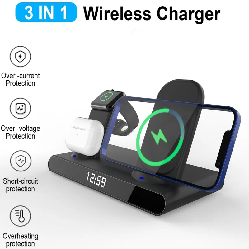 3-in-1 Fast Wireless Charger Stand Alarm Clock for Samsung Huawei IPhone