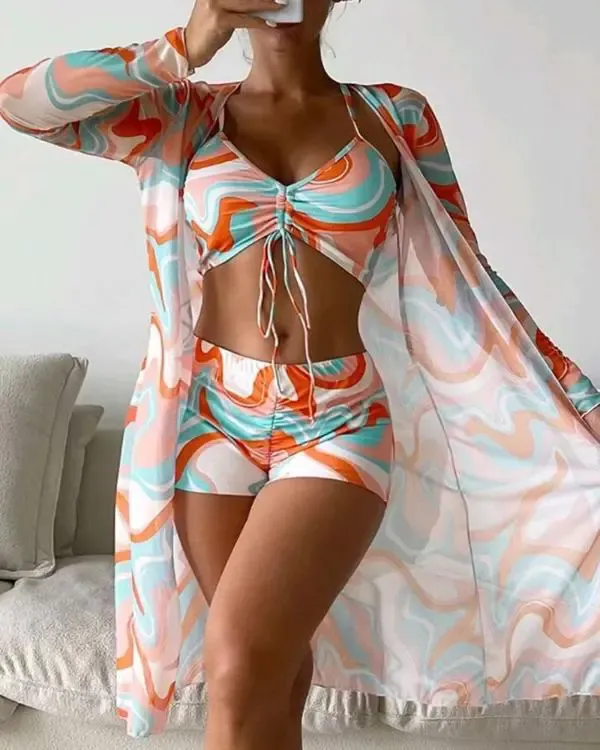 3PCS Allover Print Drawstring Bikini Set With Cover Up