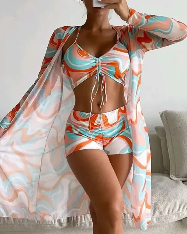 3PCS Allover Print Drawstring Bikini Set With Cover Up