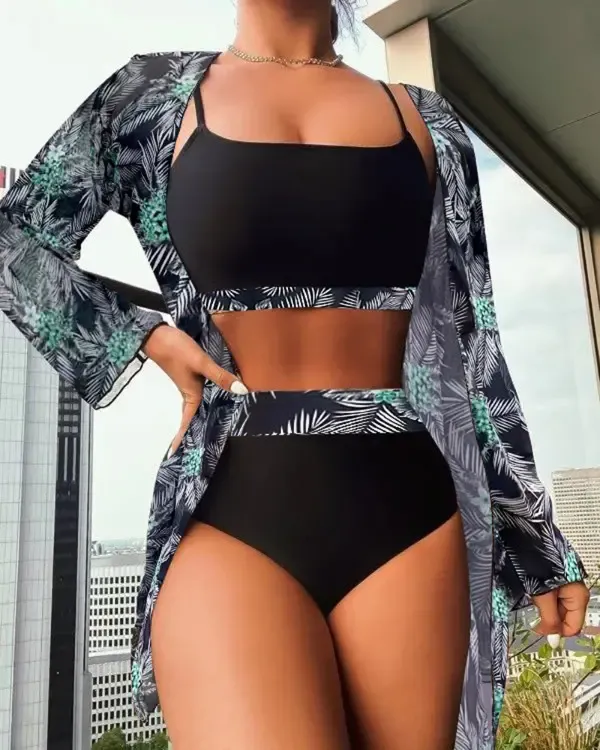 3PCS Tropical Print Square Neck Bikini Set With Cover Up