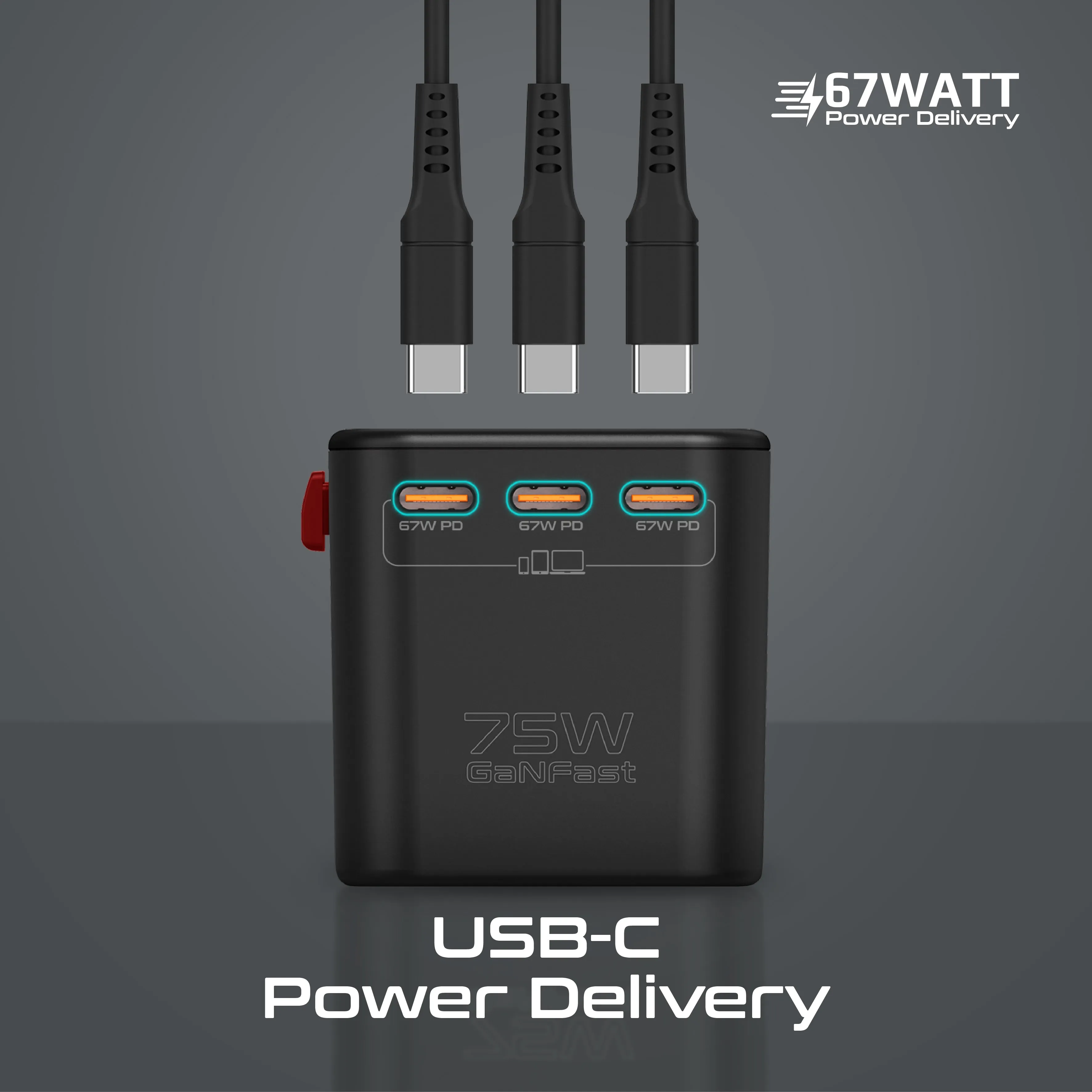 75W Power Delivery GaNFast™ Multi-Port Travel Adapter