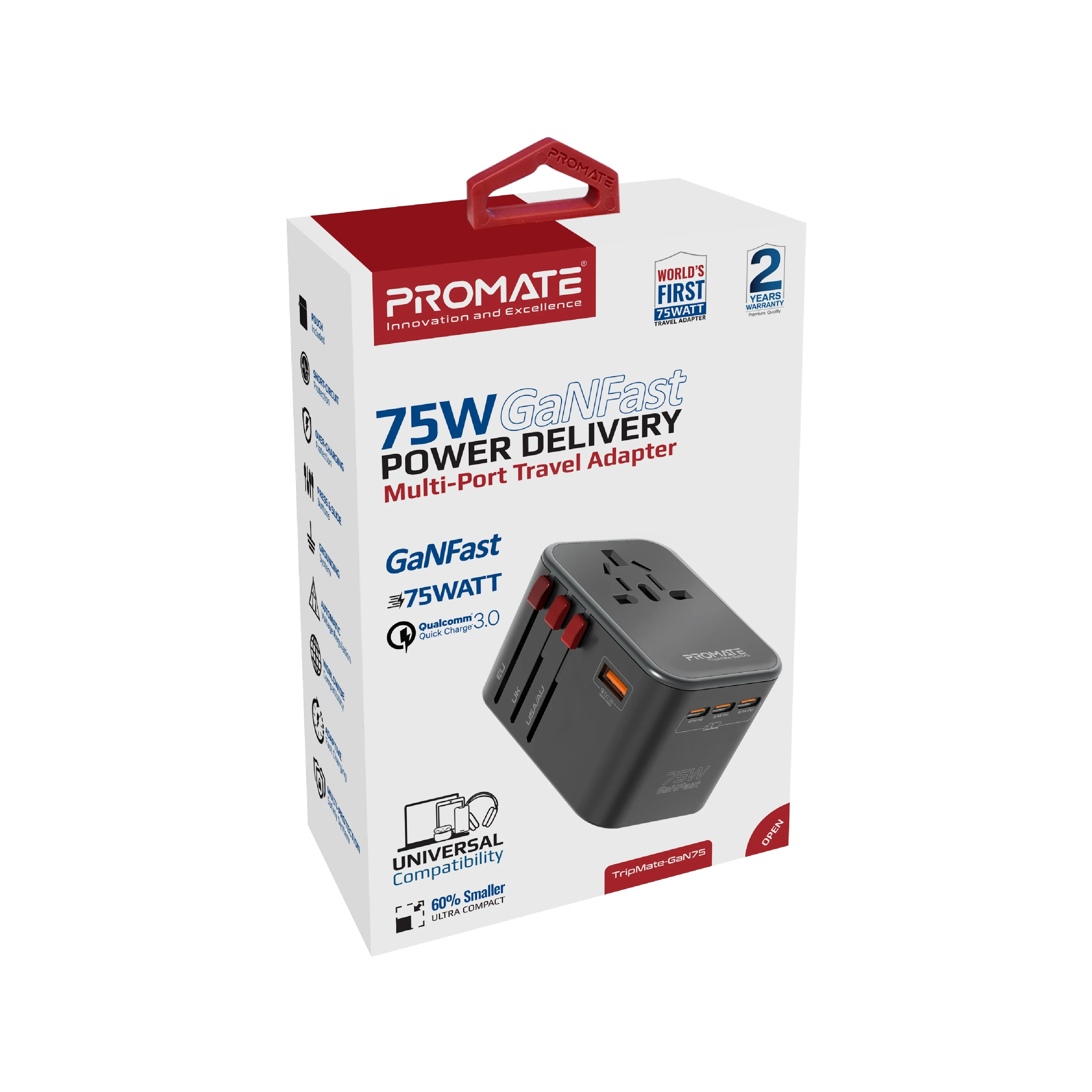 75W Power Delivery GaNFast™ Multi-Port Travel Adapter