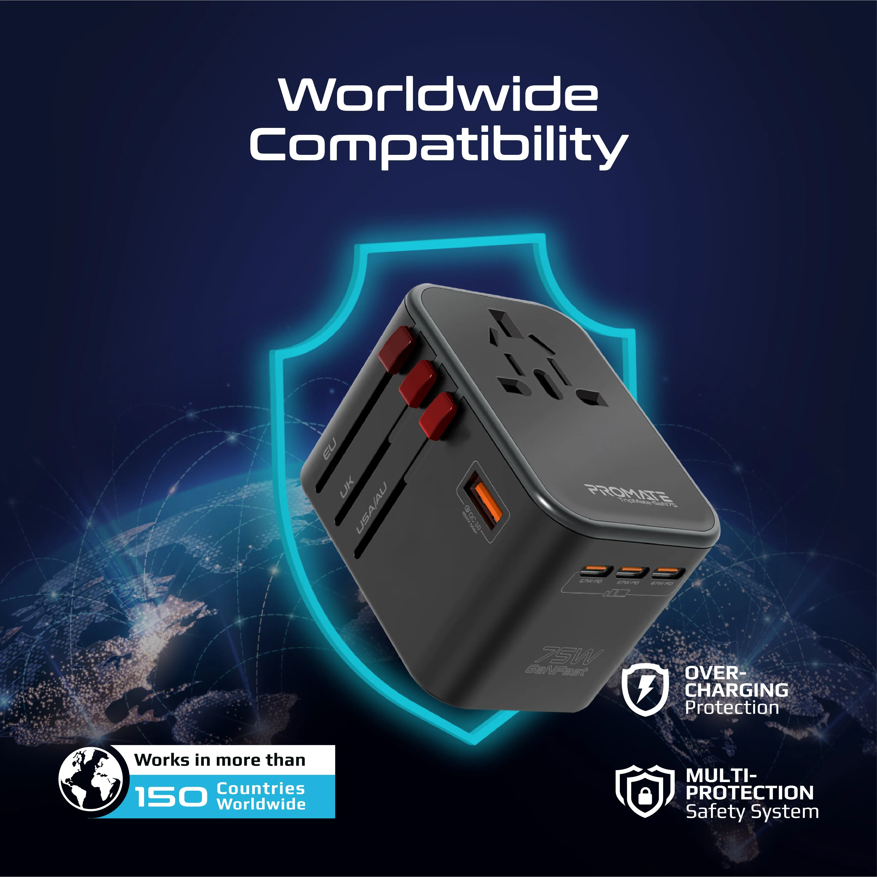 75W Power Delivery GaNFast™ Multi-Port Travel Adapter