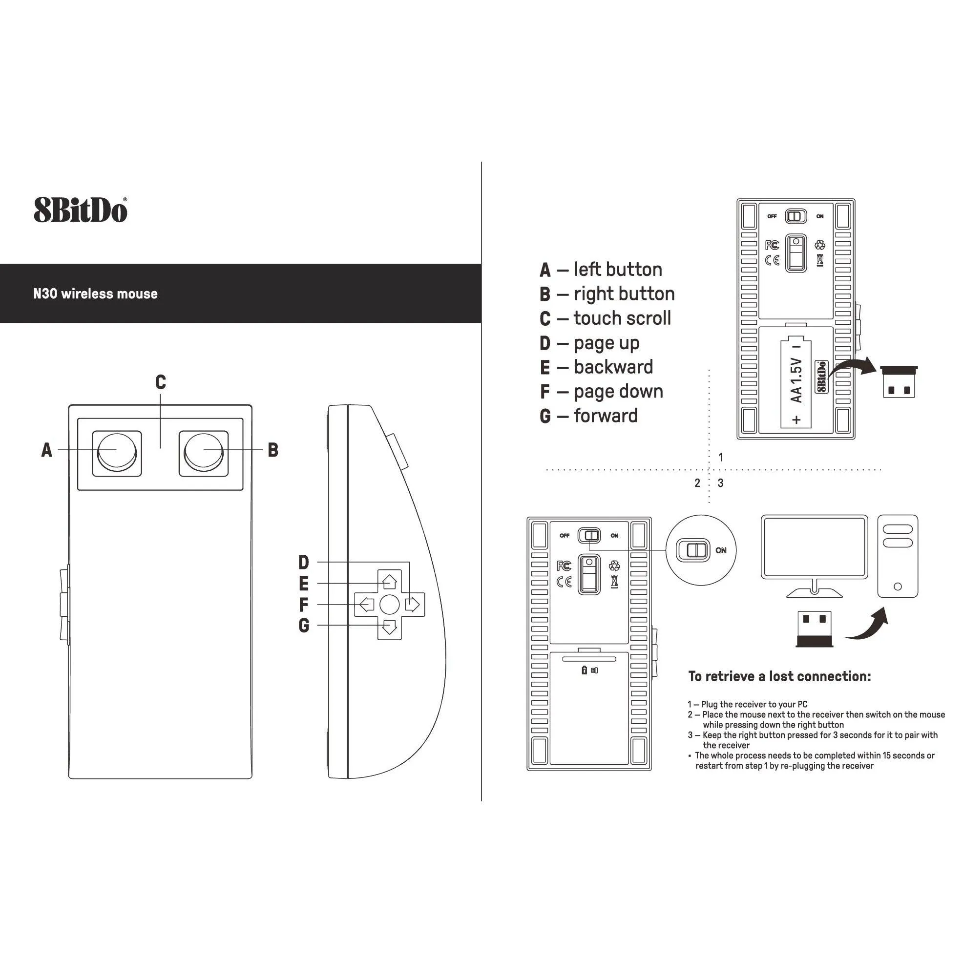 8BitDo N30 Wireless Mouse: with 3D touch panel and navigation D-pad. For Windows and macOS