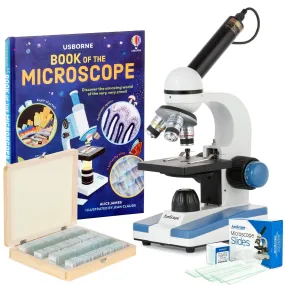 AmScope M150 Series Portable Student Monocular Compound Microscope 40X-1000X Magnification with LED, 1MP USB Eyepiece Camera, 100 Prepared Slides, 50 Blank Slides and Microscope Book