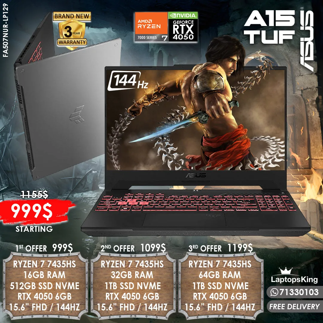 Asus Tuf A15 FA507NUR-LP129 Ryzen 7 7435hs Rtx 4050 144hz 15.6" Gaming Laptops (Brand New)