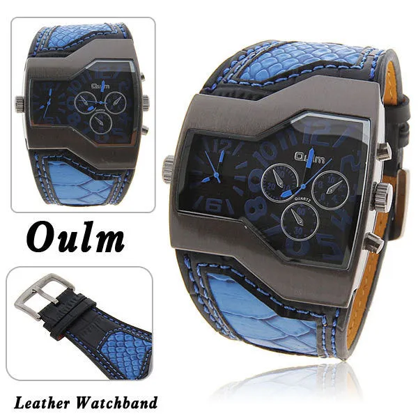 Brand Oulm Luxury men's military Wrist watch, man Dual Quartz Movement/Leather strap fashion dress sports watches