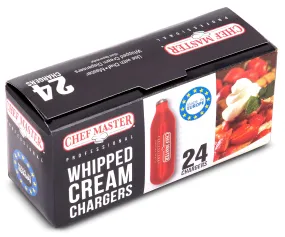 Chef-Master N20 Whipped Cream Chargers, Food Safe Low Carbon Steel, Nitrious Oxide Whipped Cream Cartridges Universal Fit for All Whip Cream Dispenser & Makers - Made in Europe (Pack of 24)