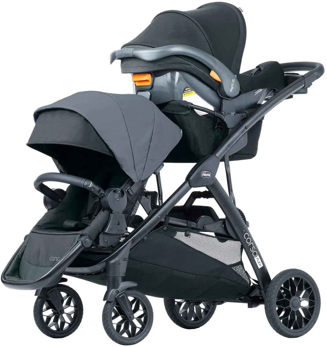 Chicco Corso Flex Sibling Double Stroller Travel System Bundle - Legend