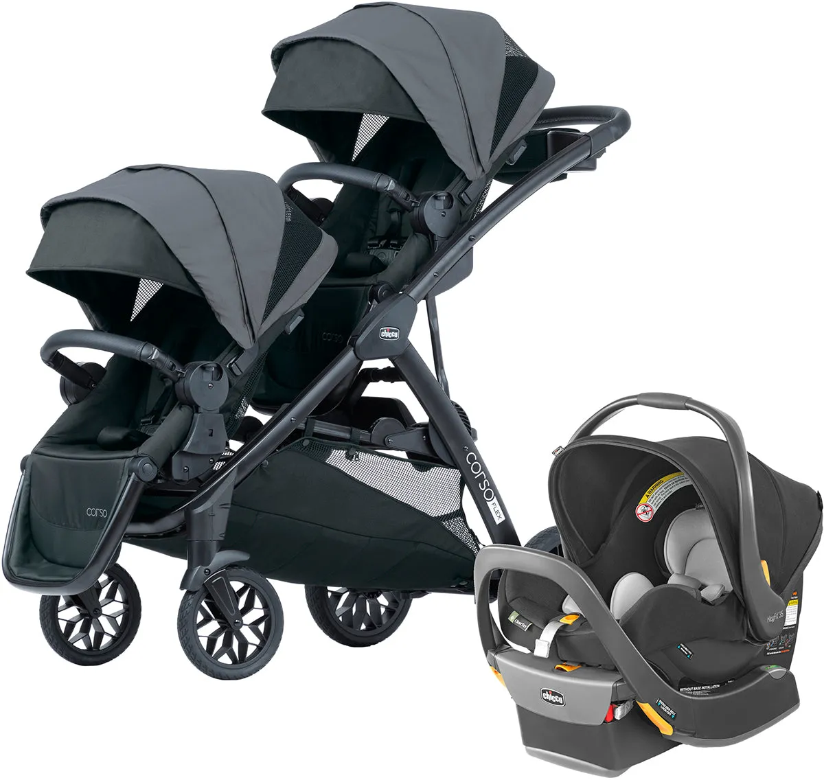 Chicco Corso Flex Sibling Double Stroller Travel System Bundle - Legend