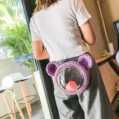 Cute White with Bow Crochet Mouse Pink Backpack Mouse Crochet Shoulder Bag for Girl Pink Mouse Crochet Crossbody Purse