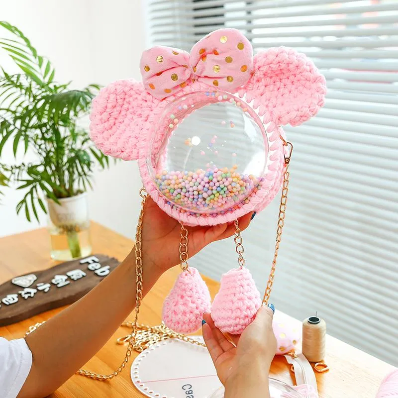 Cute White with Bow Crochet Mouse Pink Backpack Mouse Crochet Shoulder Bag for Girl Pink Mouse Crochet Crossbody Purse