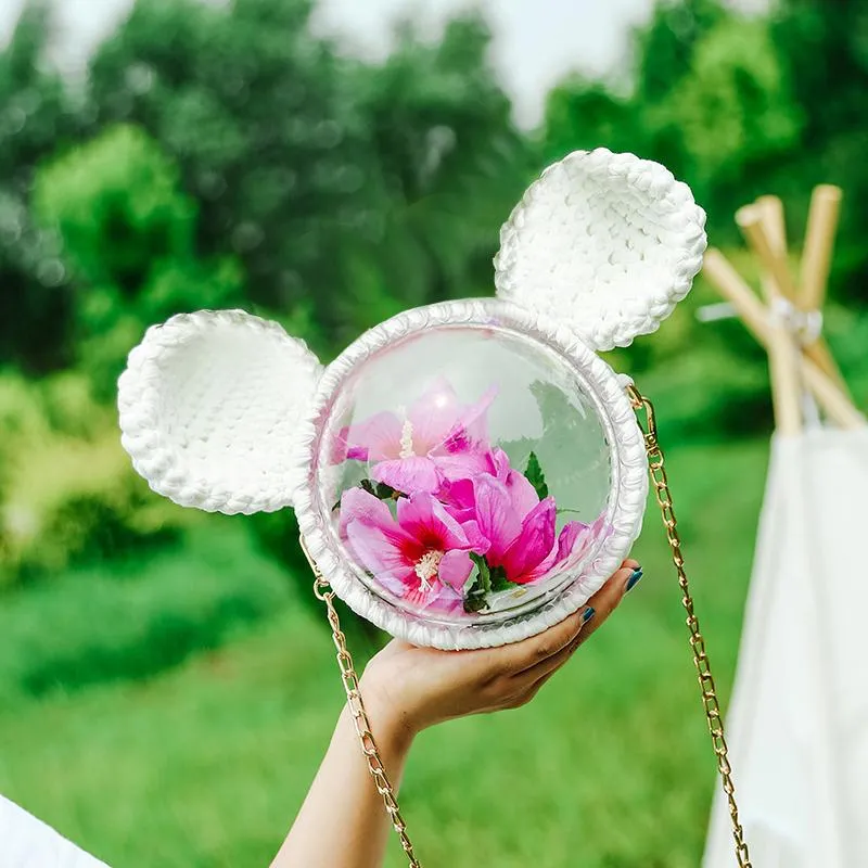 Cute White with Bow Crochet Mouse Pink Backpack Mouse Crochet Shoulder Bag for Girl Pink Mouse Crochet Crossbody Purse