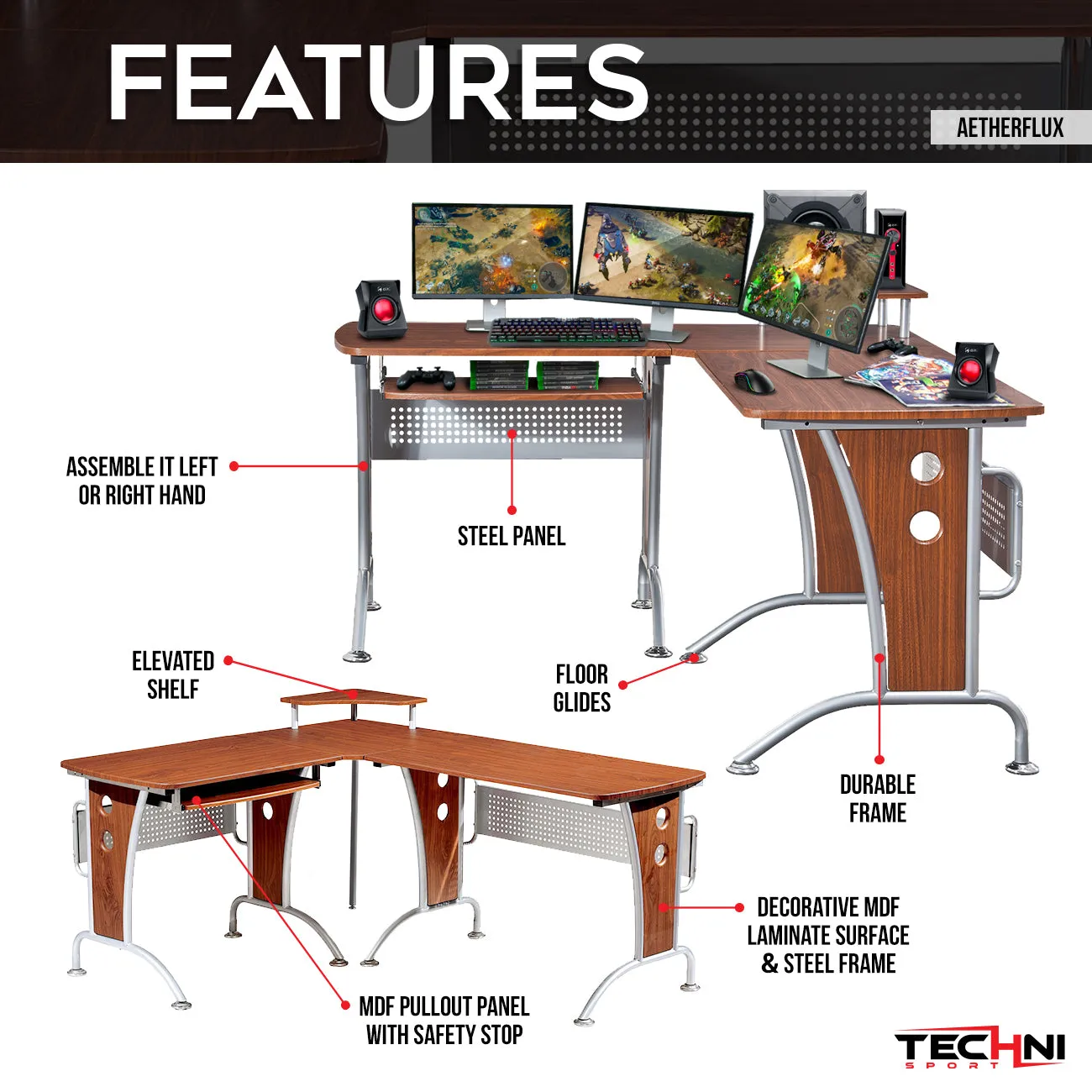 Deluxe L-Shaped Computer Desk With Pull Out Keyboard Panel -Mahogany