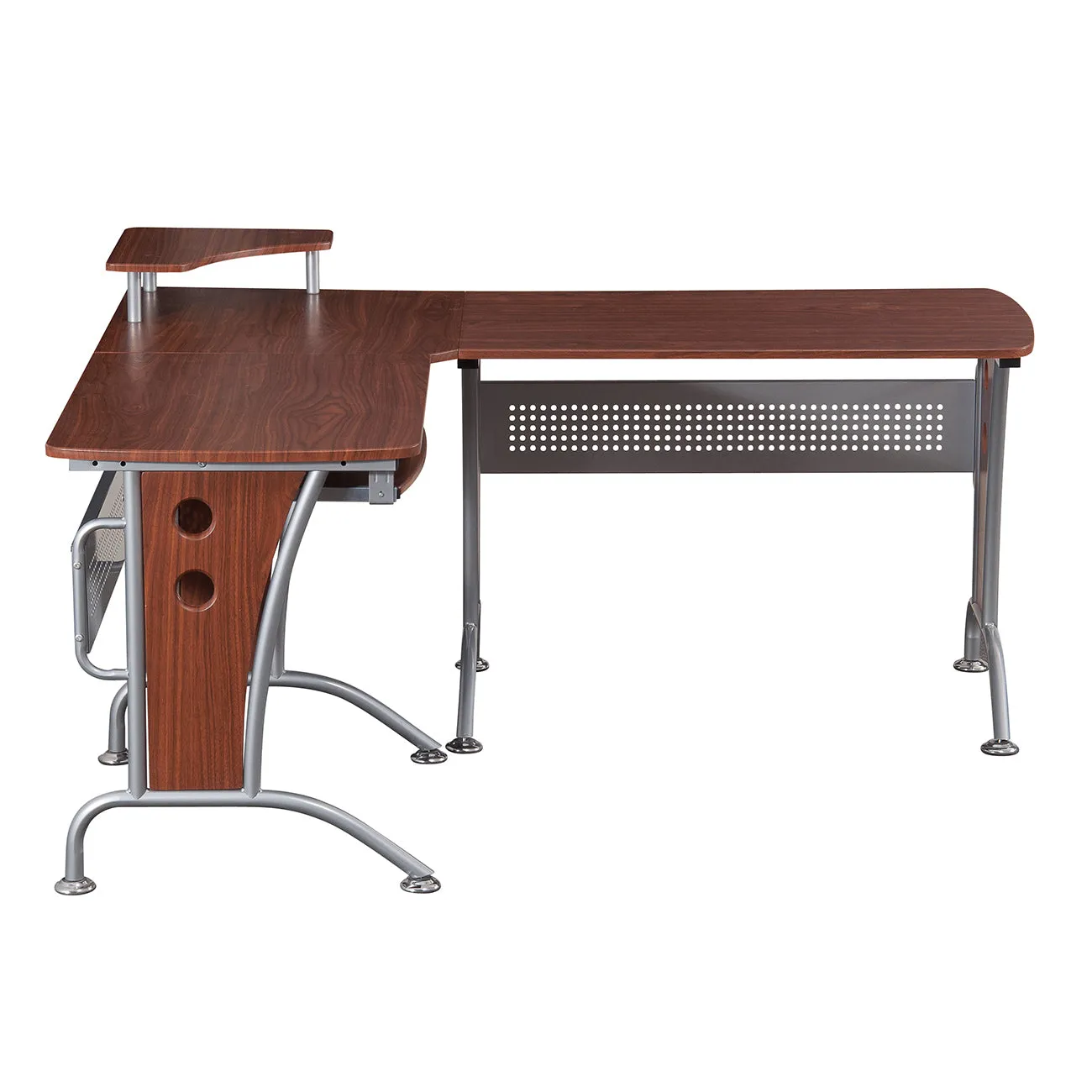 Deluxe L-Shaped Computer Desk With Pull Out Keyboard Panel -Mahogany