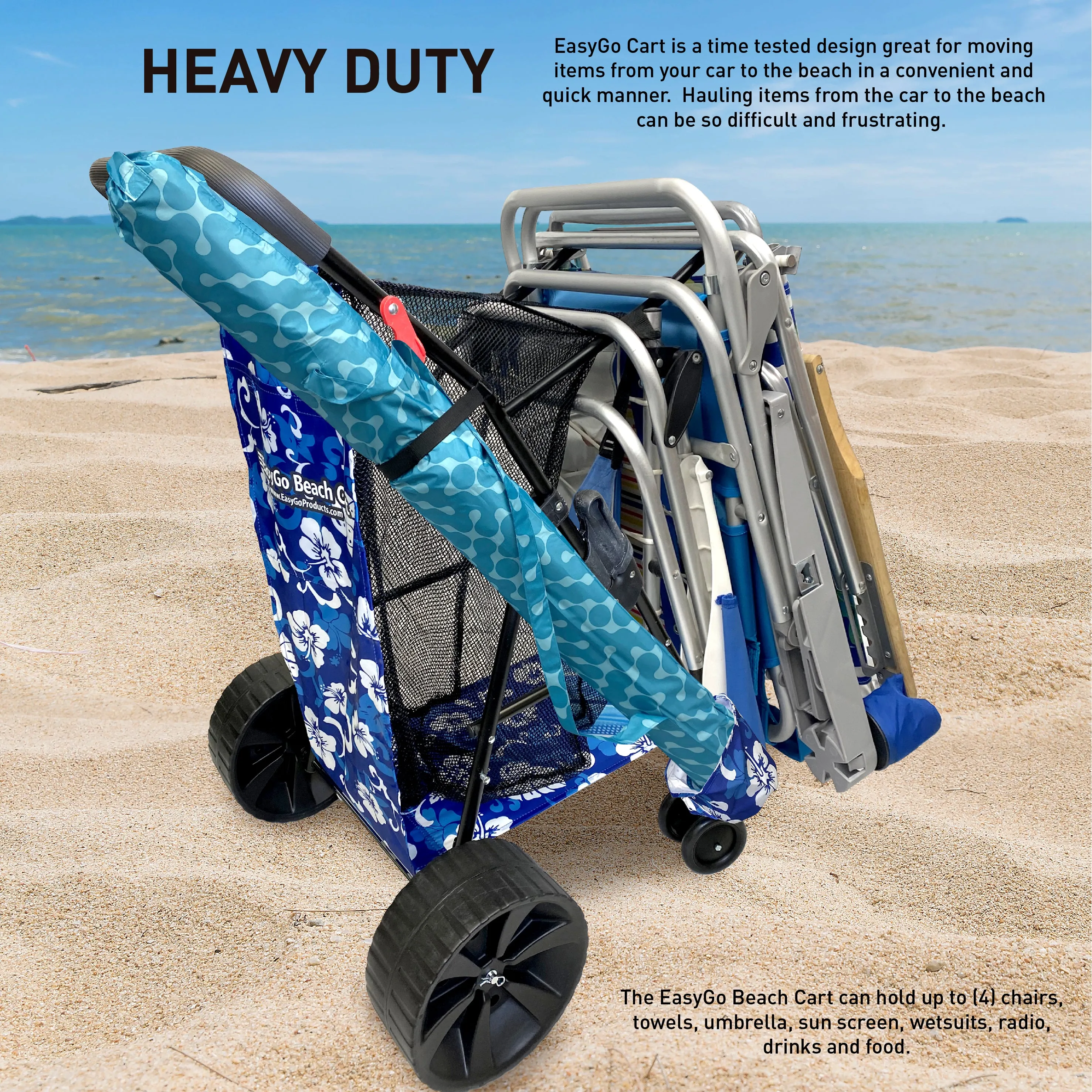 EasyGo Beach Cart–Heavy Duty Folding Design–Large Wheels for Sand–Holds 4 Beach Chairs–Storage Pouch–Beach Umbrella Holder–Flower Pattern