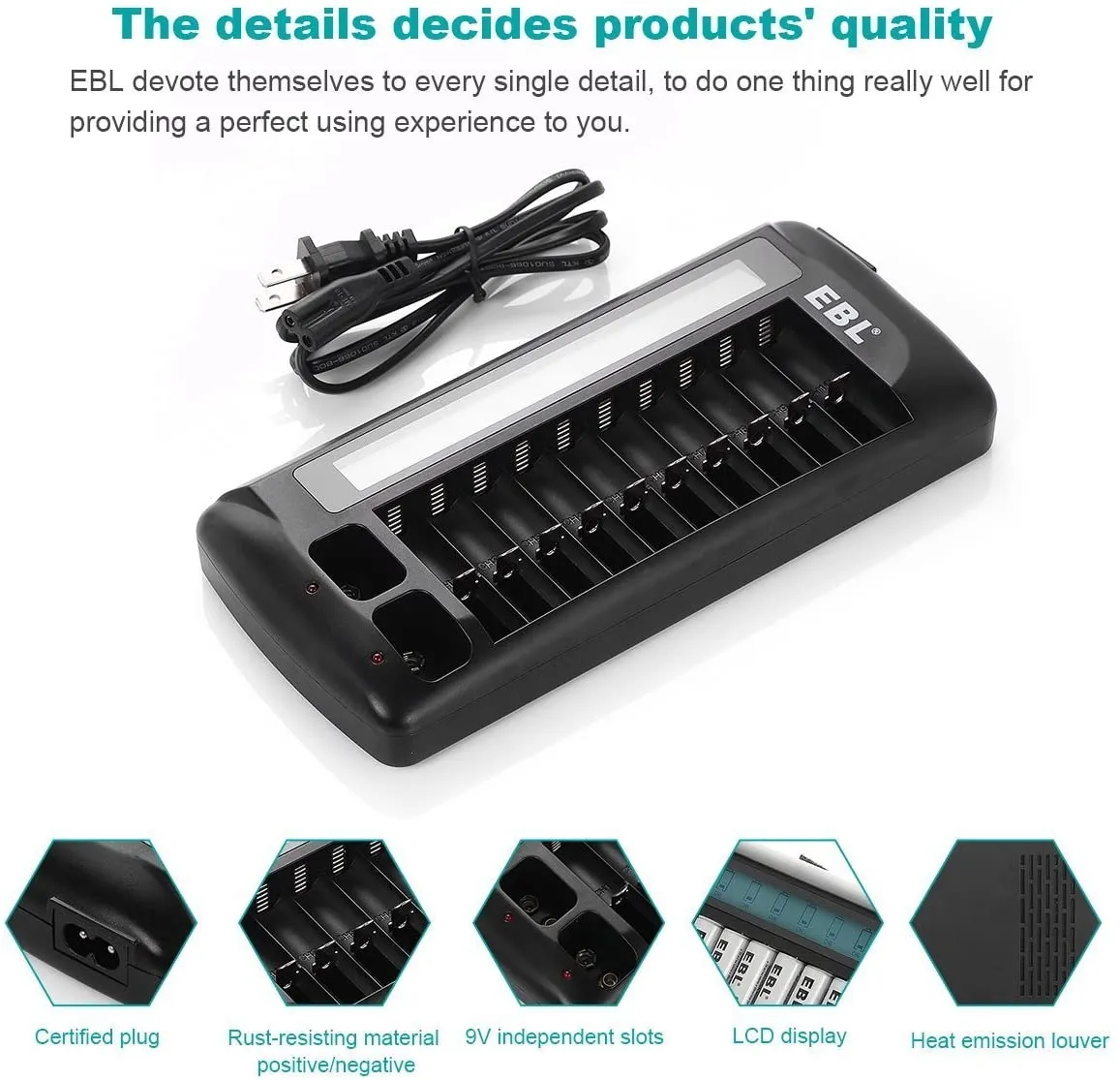 EBL 999 12-Bay LCD Battery Charger For AA AAA 9V Batteries