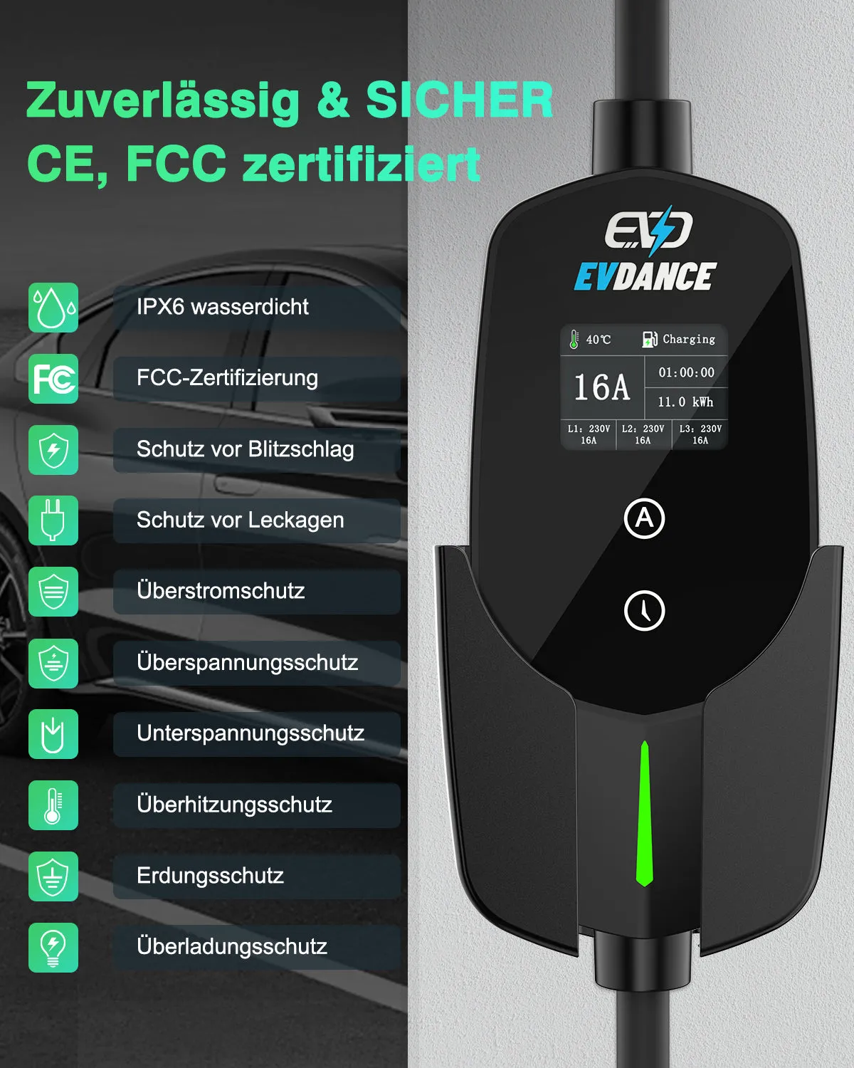 EVDANCE Mobile Wallbox 11kW Typ 2 Ladekabel CEE 16A auf Typ 2 mit Einstellbarer Ladeleistung für Elektroauto