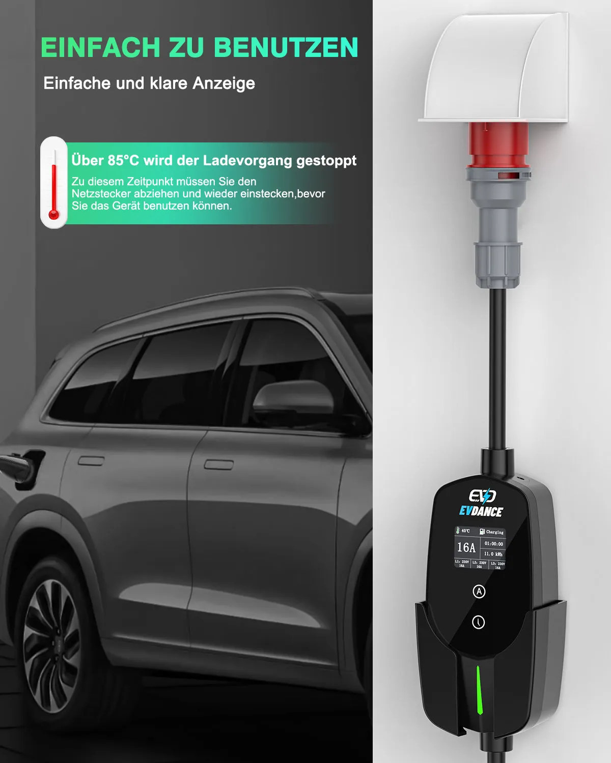 EVDANCE Mobile Wallbox 11kW Typ 2 Ladekabel CEE 16A auf Typ 2 mit Einstellbarer Ladeleistung für Elektroauto