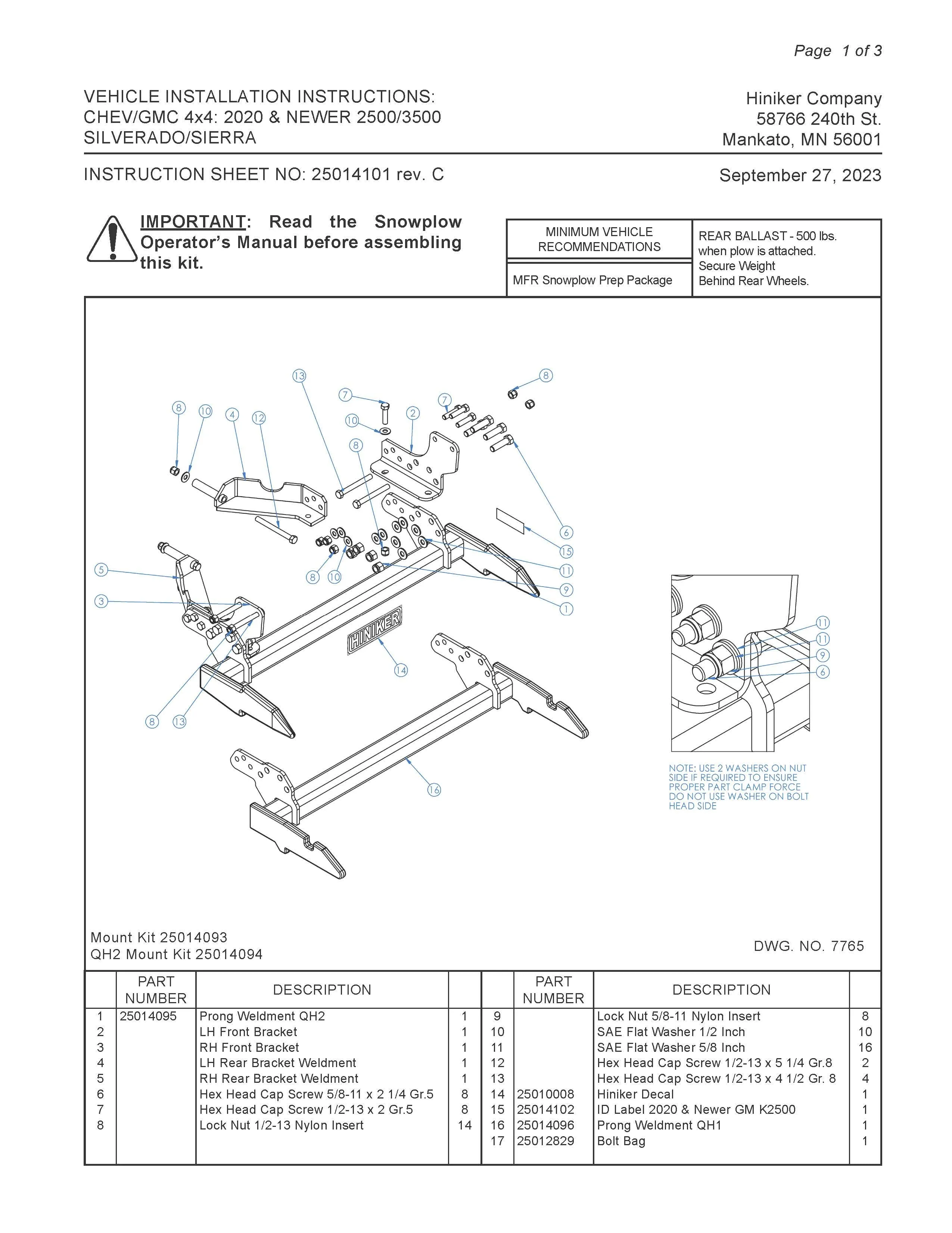 Hiniker Snowplow Mount - Quick Hitch 2 (QH2), 2020 & Newer GM/ Chevy K2500-3500, 25014094