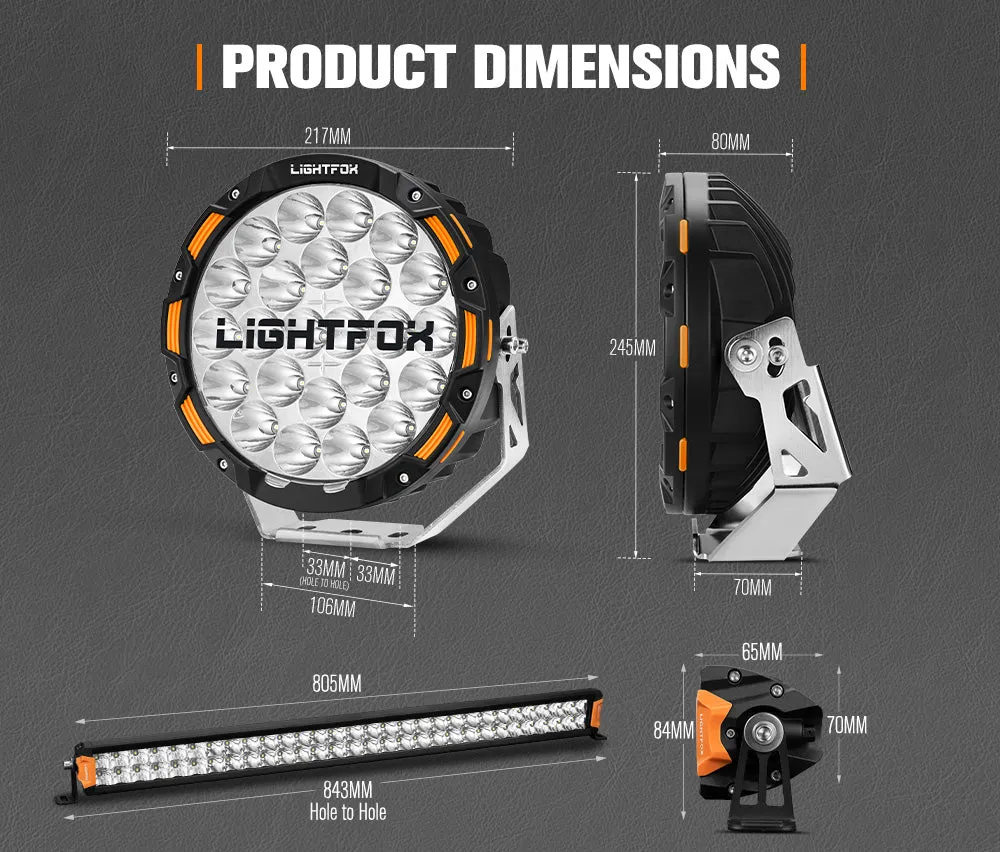 LIGHTFOX OSRAM 9inch LED Driving Lights   30 inch Dual Row LED Light Bar   Wiring Kit