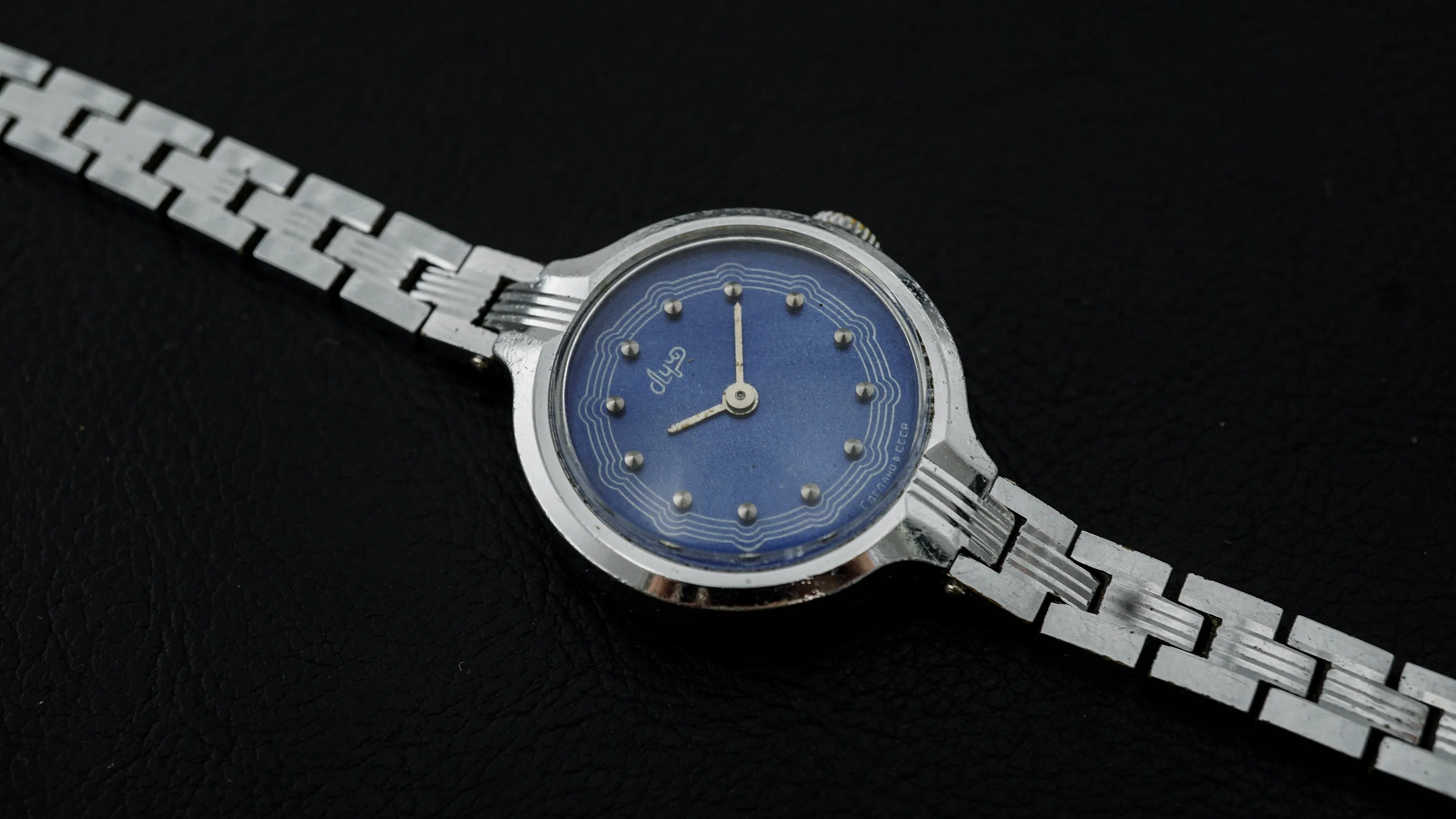 Luch vintage Soviet womens mechanical wristwatch blue dial