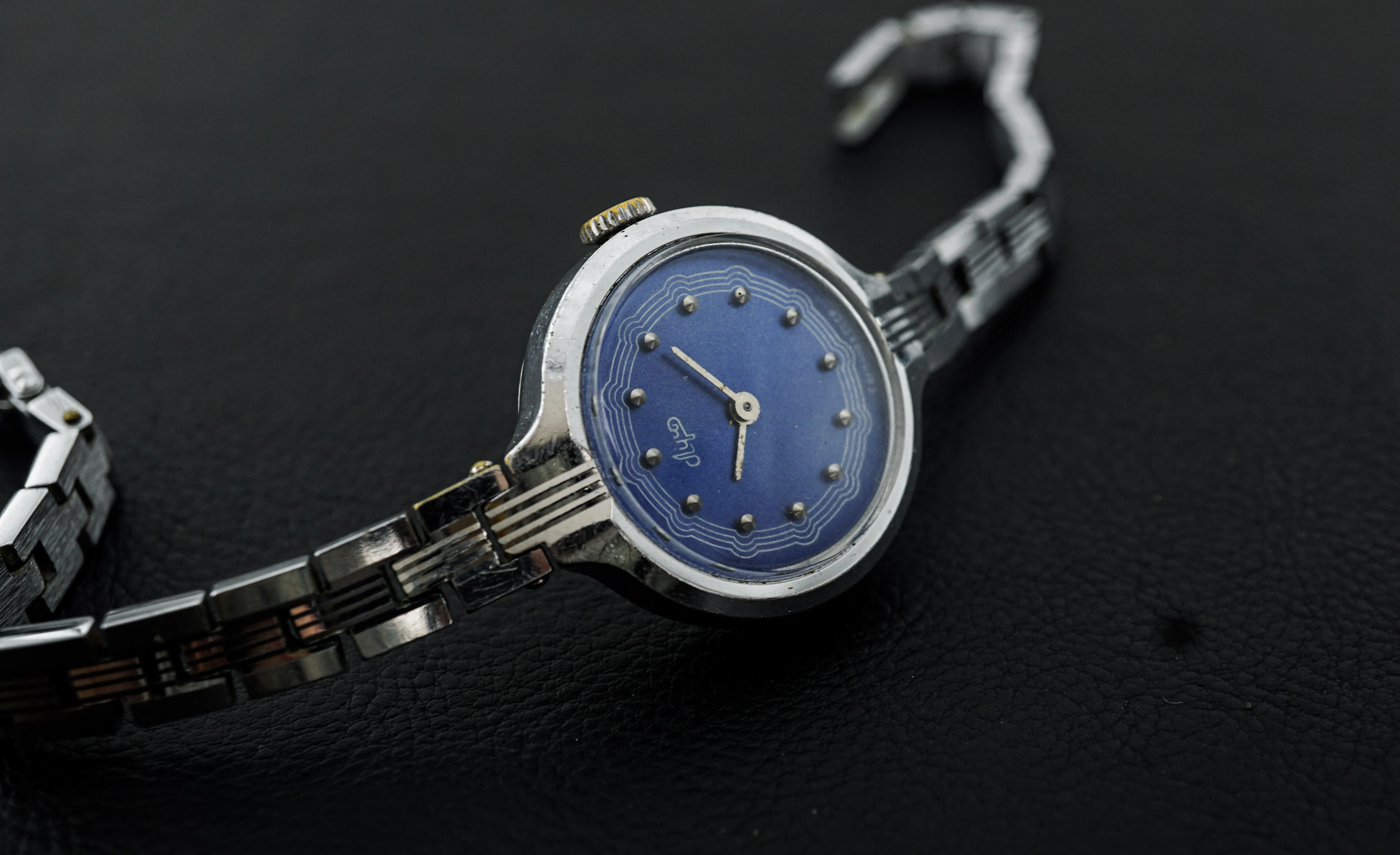 Luch vintage Soviet womens mechanical wristwatch blue dial