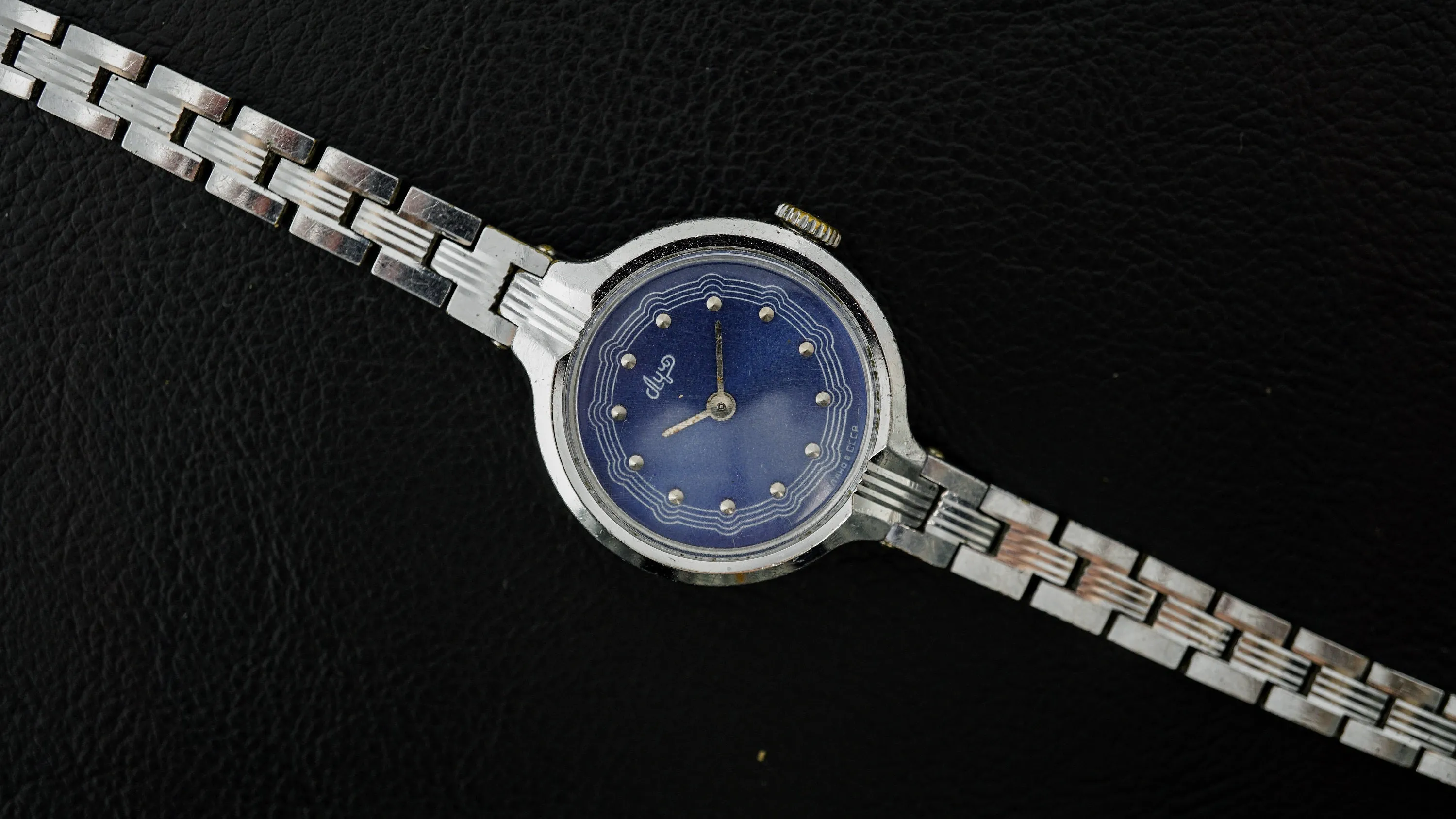 Luch vintage Soviet womens mechanical wristwatch blue dial