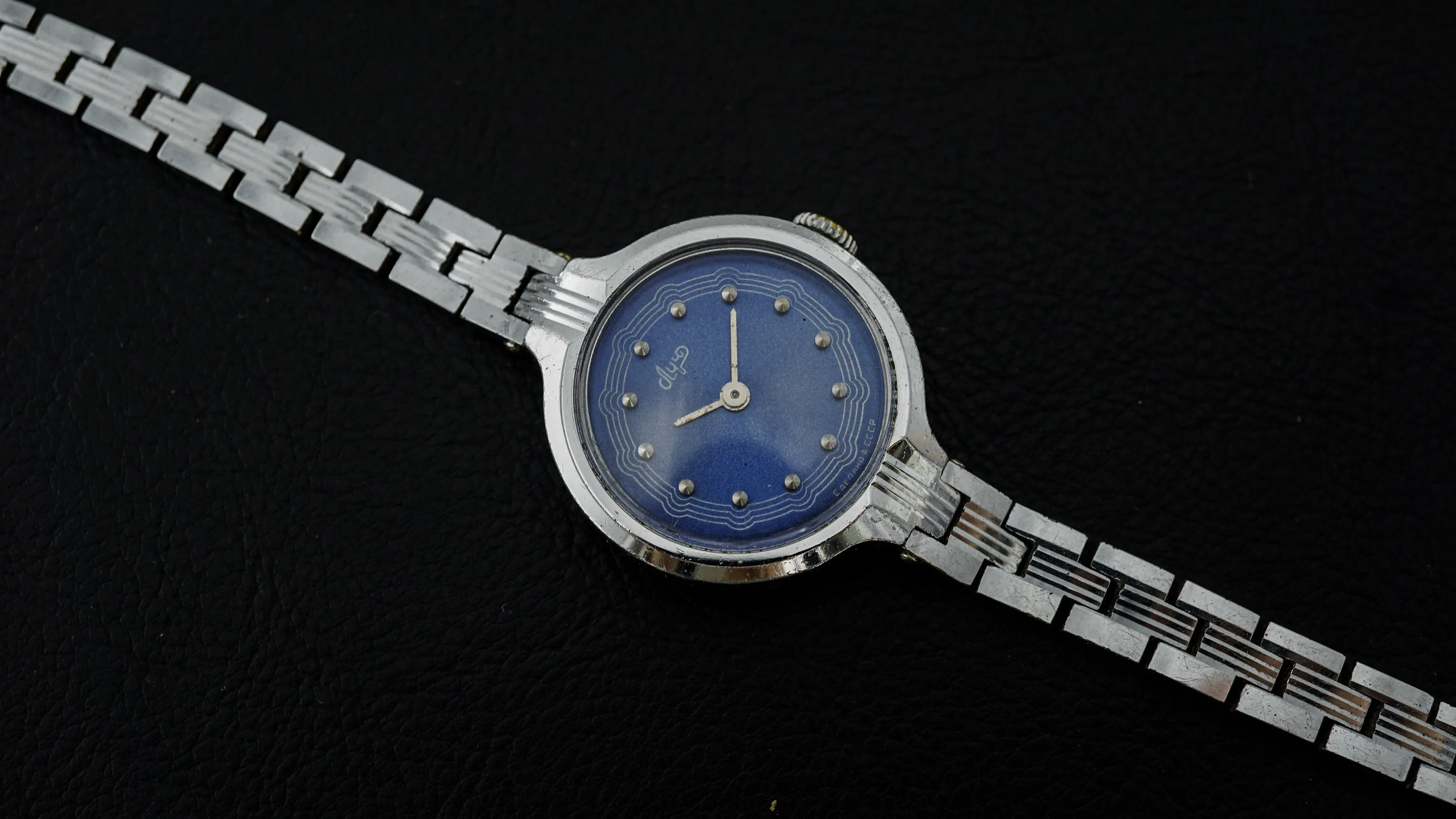 Luch vintage Soviet womens mechanical wristwatch blue dial