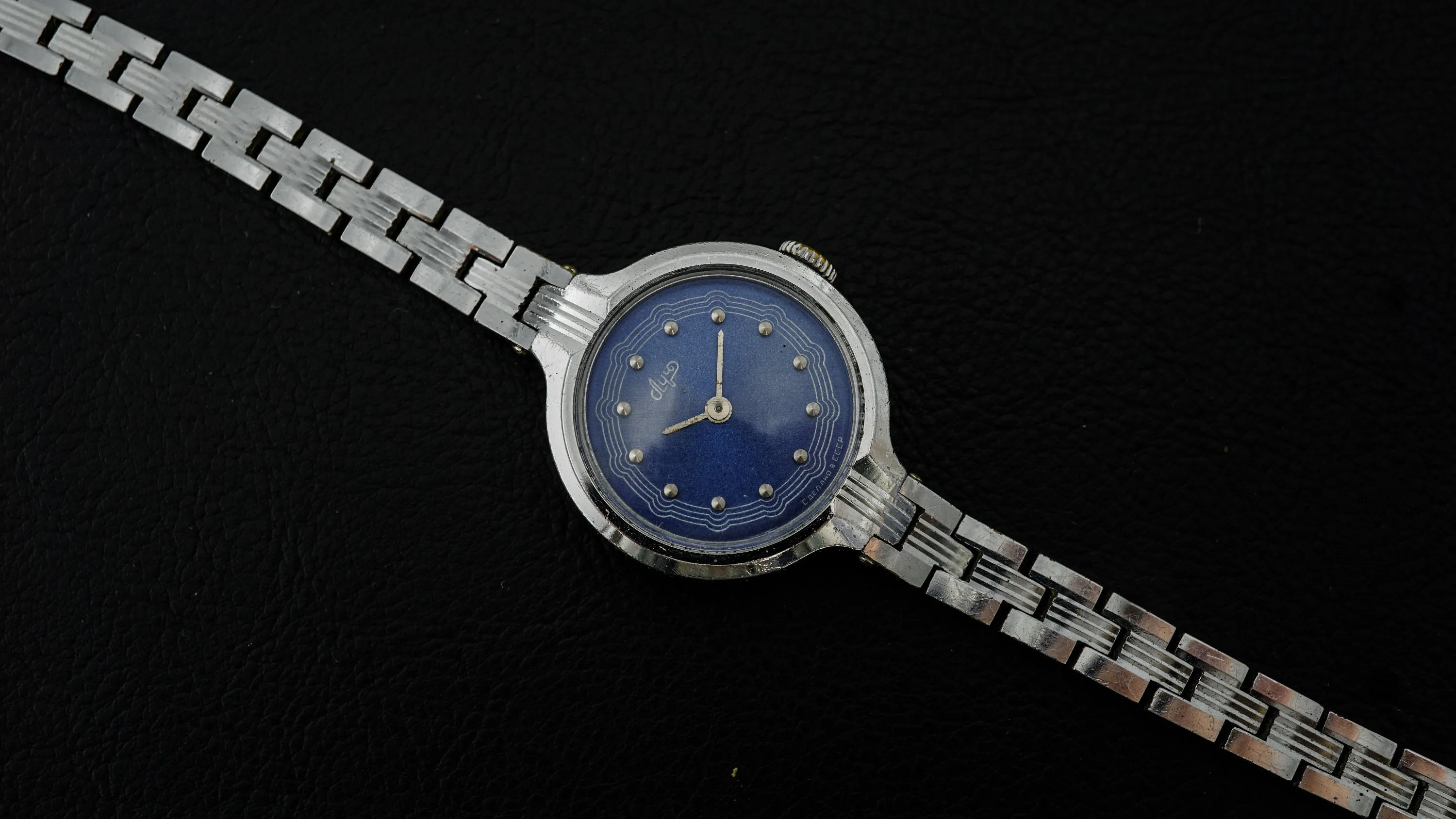 Luch vintage Soviet womens mechanical wristwatch blue dial