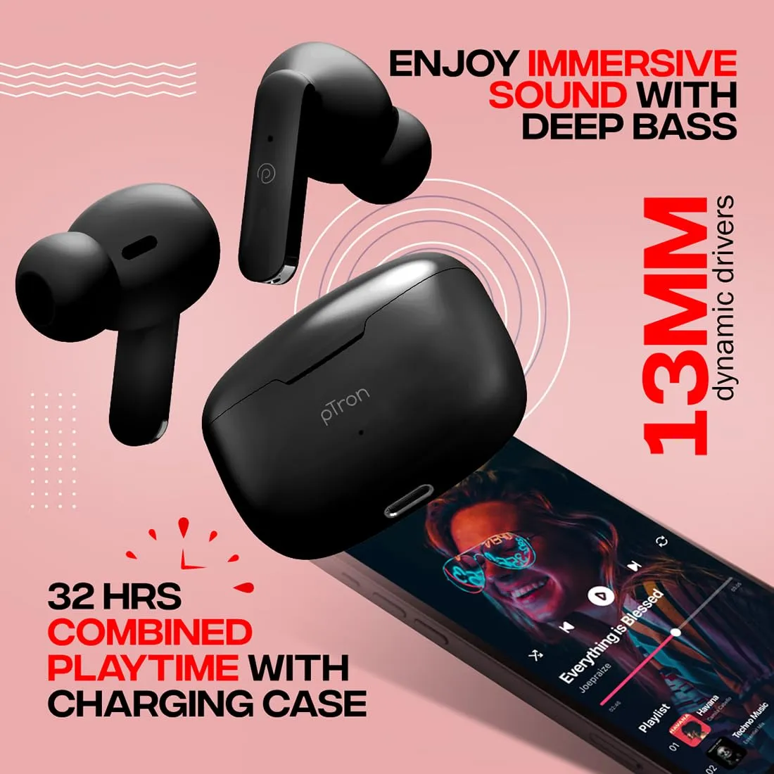 pTron Bassbuds Duo in-Ear Bluetooth 5.1 Wireless Headphones, Stereo Audio, Touch Control TWS Earbuds with HD Mic, Type-C Fast Charging, IPX4 Water Resistant & Voice Assistance