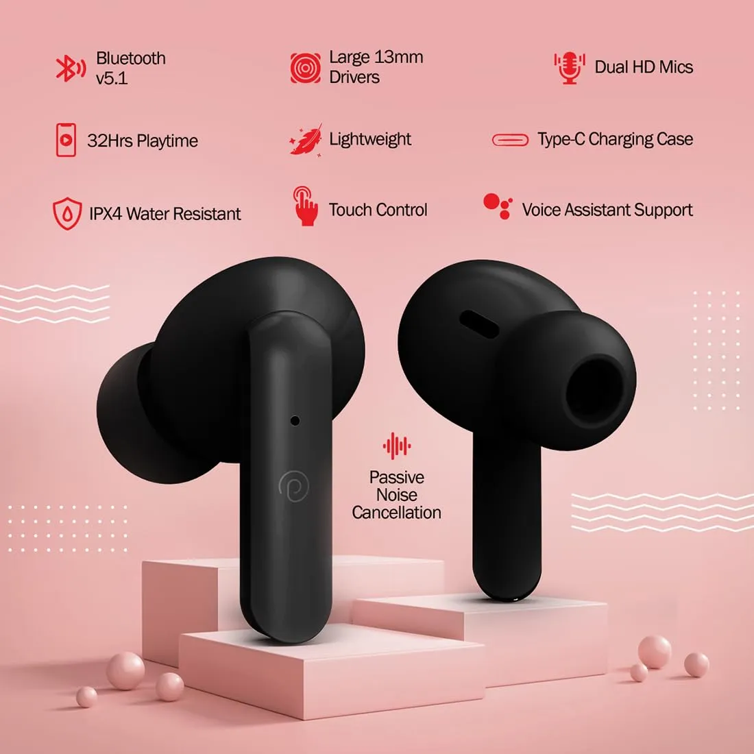 pTron Bassbuds Duo in-Ear Bluetooth 5.1 Wireless Headphones, Stereo Audio, Touch Control TWS Earbuds with HD Mic, Type-C Fast Charging, IPX4 Water Resistant & Voice Assistance