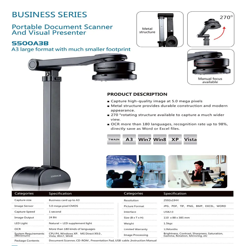 S500A3B High Speed Portable 5MP Document Scanner with A3 Paper Scanning and 180 languages OCR Deal