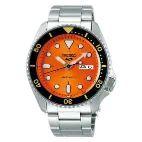 Seiko 5 Sports SRPD59 Automatic 10 ATM Water Resistant 42.5mm Orange Sunray Dial with Gold and Black accents Men's Watch