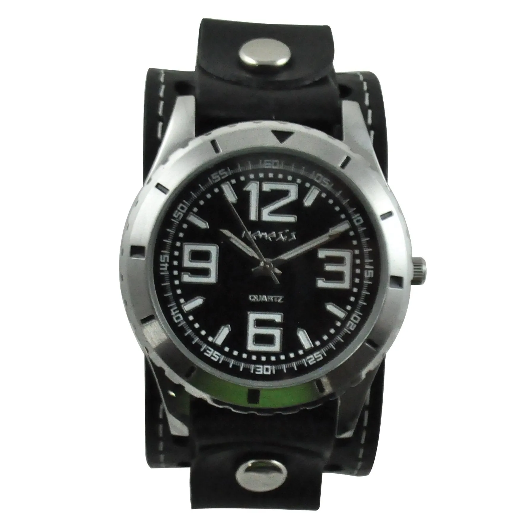 Sporty Racing Black Watch with White Stitched Black Leather Cuff