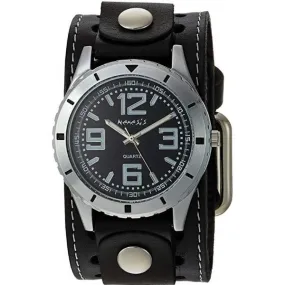 Sporty Racing Black Watch with White Stitched Black Leather Cuff