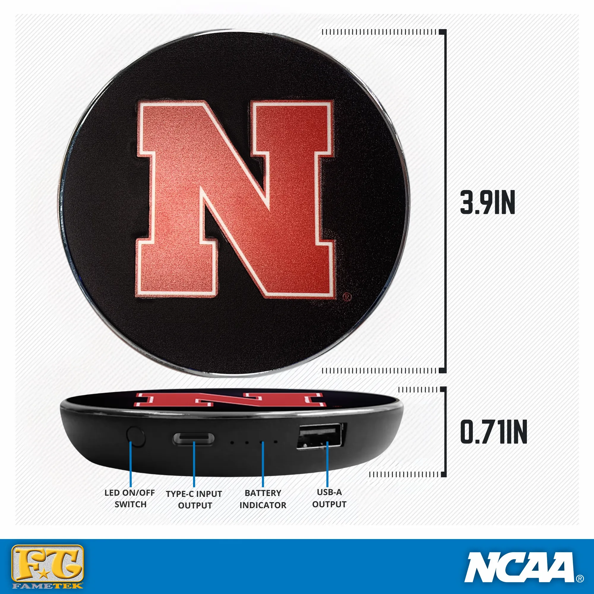 University of Nebraska Qi Wireless Charger With Illuminated Cornhuskers Logo & Built-In Power bank