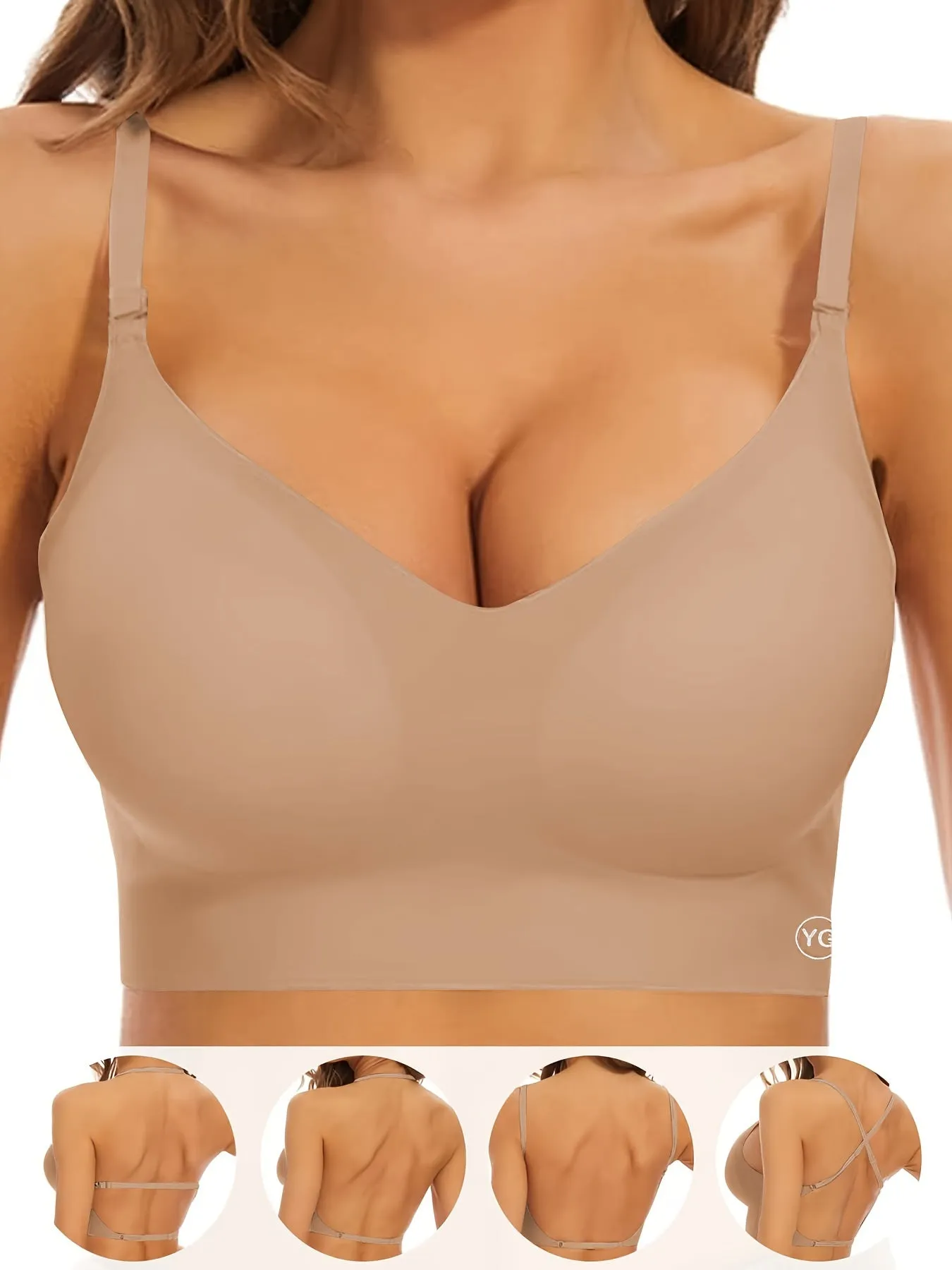 Women's Wireless Sports Bra With Flat Convertible Straps, Seamless Invisible Edge, And Ultra Low-Back Design, Adjustable Fit