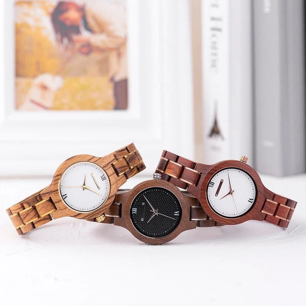 Wooden Quartz Wristwatch for Women - Water Resistant, Genuine Leather Strap